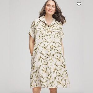 Chico's Leaf Print Linen Shirt Dress, River Rock, Size 0 (US 4-6)